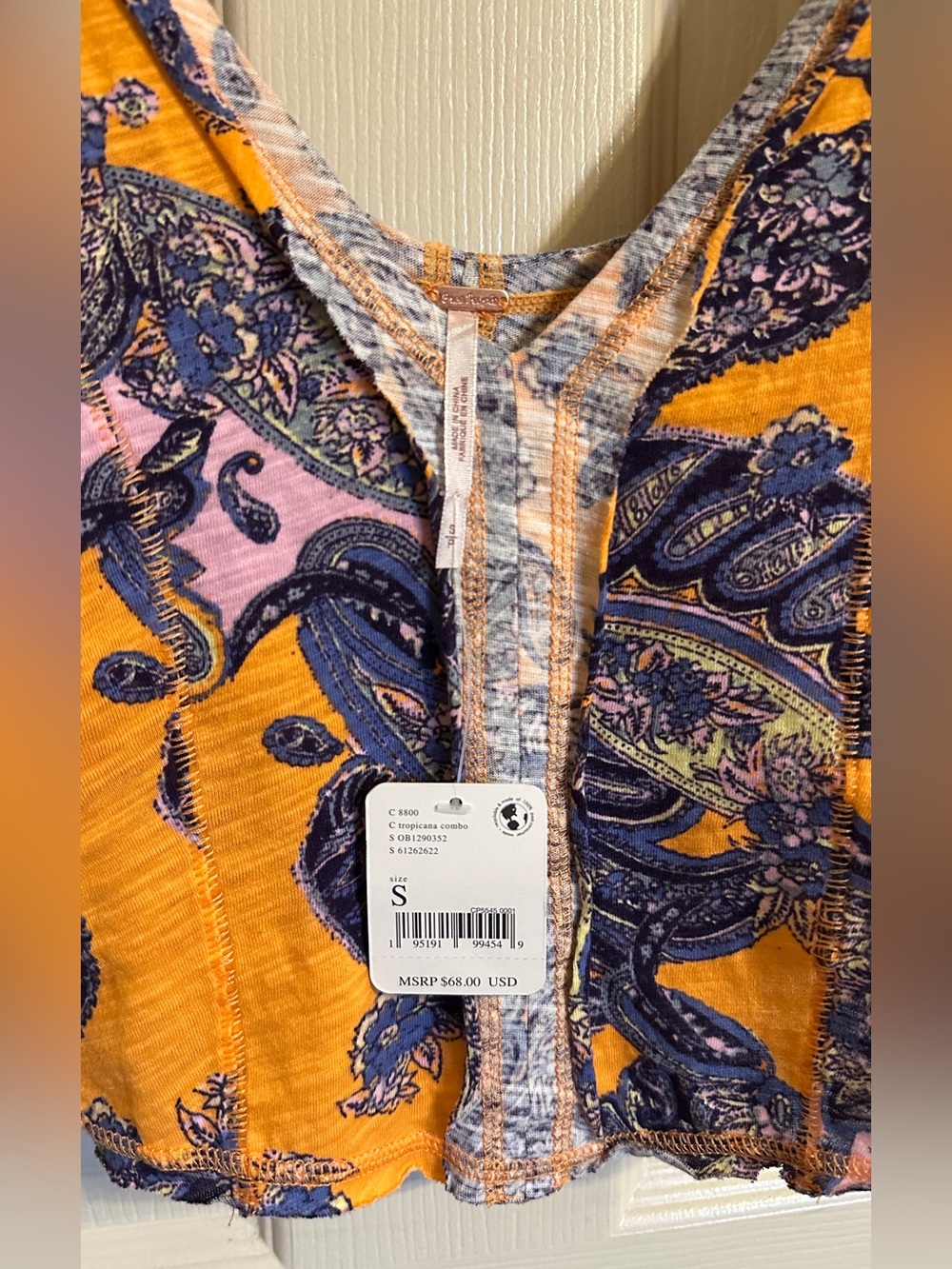 Free People Izabella Paisley V-Neck Crop Top, Orange & Purple w MultiColor, Sz S - Picture 8 of 11